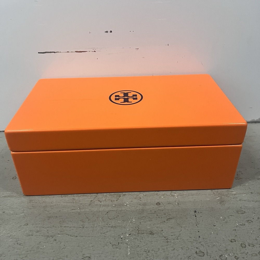 Tory Burch Orange Storage Box With Emblem And Tan Suede Interior Empty